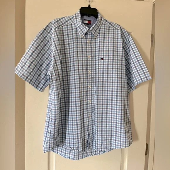 Tommy Hilfiger Men's Blue & White Button Down Checkered Shirt Size XL - Picture 1 of 14